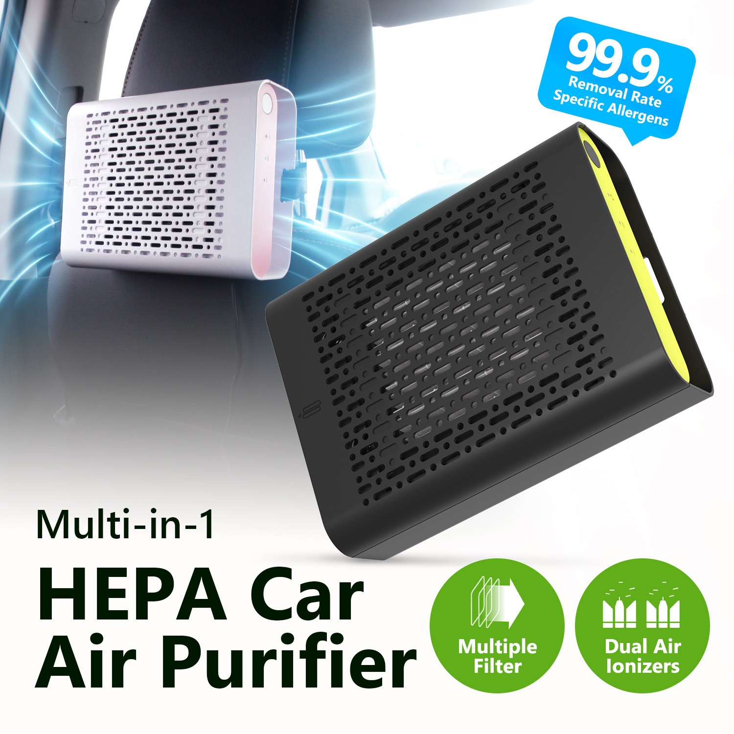 IONKINI HEPA Filter Car Air Purifier JO-6601 with Multiple in 1 Air Purification, Dual Air Ionizers, Activated Carbon