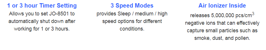 1 or 3 hour Timer Setting  Allows you to set JO-8501 to automatically shut down after working for 1 or 3 hours.     3 Speed Modes  provides Sleep / medium / high speed options for different conditions.        Air Ionizer Inside  releases 5,000,000 pcs/cm3 negative ions that can effectively capture small particles such as smoke, dust, and pollen.